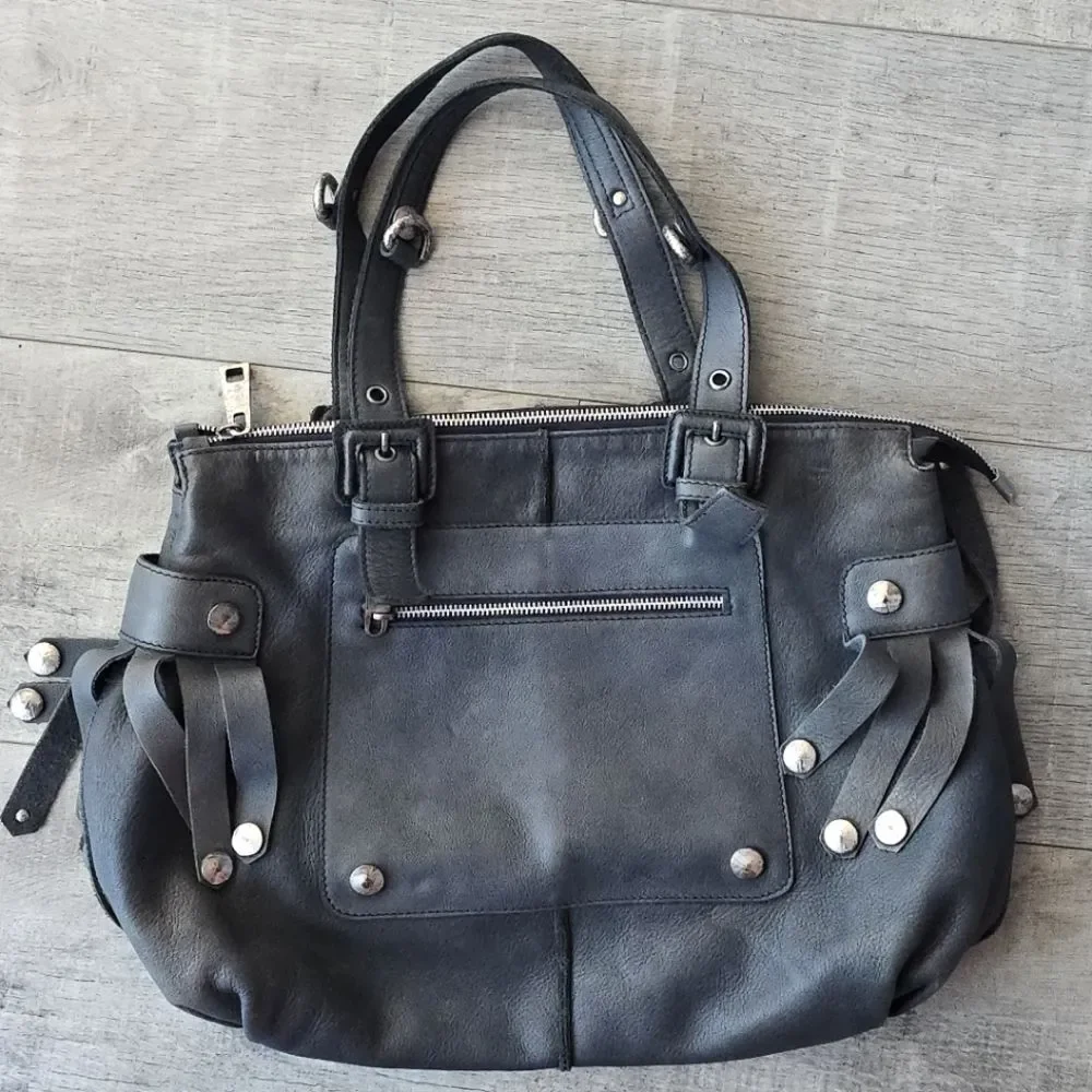 Innue Graphite Gray Italian Distressed Leather Hobo Bag Handbag Grunge Rock